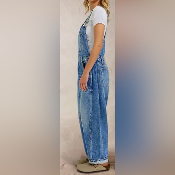 Flamingals Wash Button Side Mid Waist Barrel Leg Overalls NWT - Picture 3 of 9